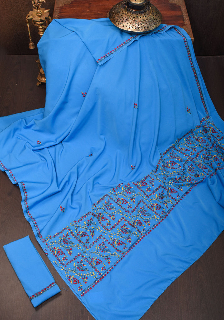 Blue Authentic Kashmiri Sozni Hand Embroidered Saree on Moss Crepe