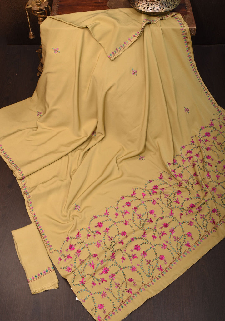 Camel Brown Authentic Kashmiri Sozni Hand Embroidered Saree on Moss Crepe