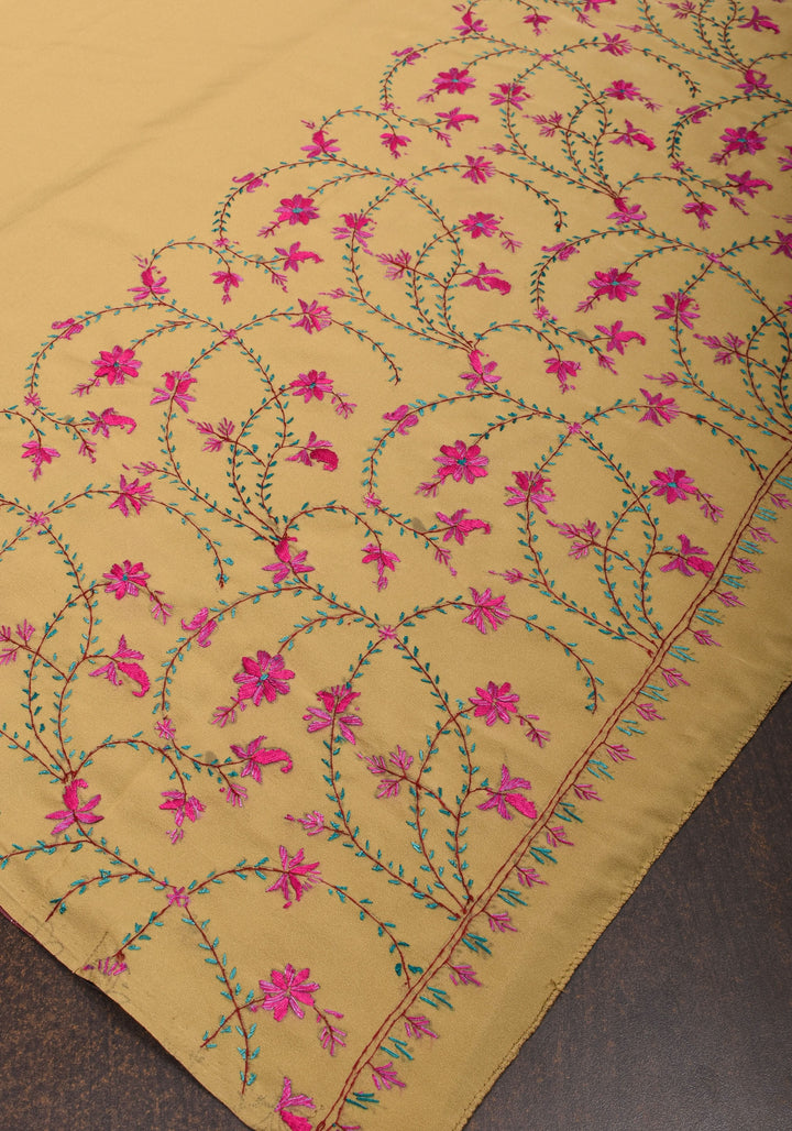 Camel Brown Authentic Kashmiri Sozni Hand Embroidered Saree on Moss Crepe