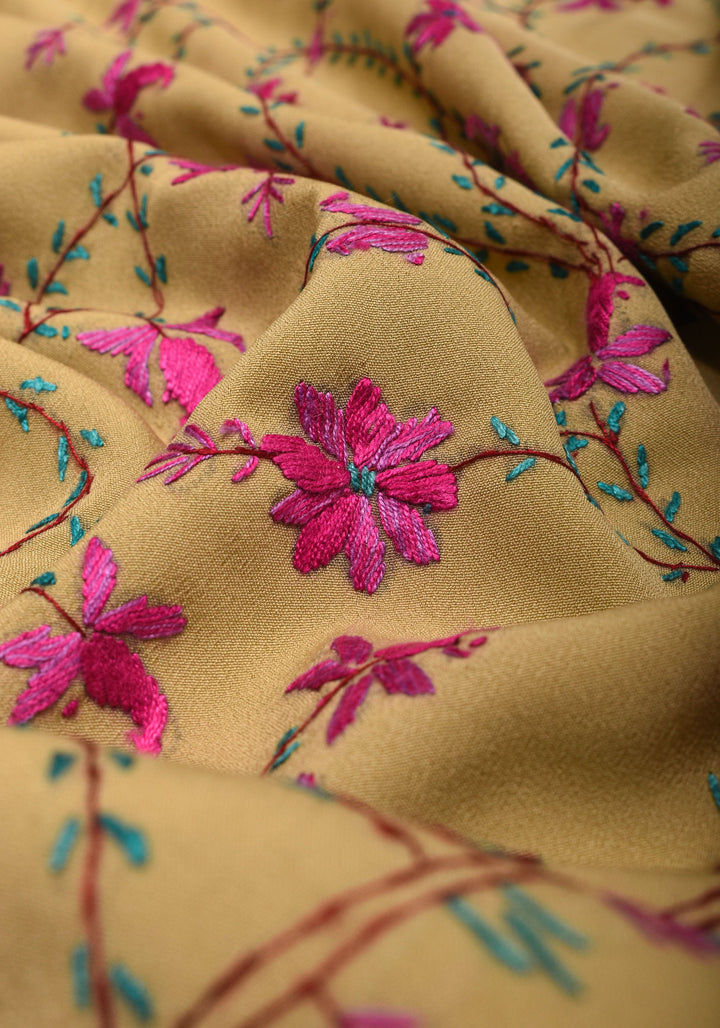 Camel Brown Authentic Kashmiri Sozni Hand Embroidered Saree on Moss Crepe