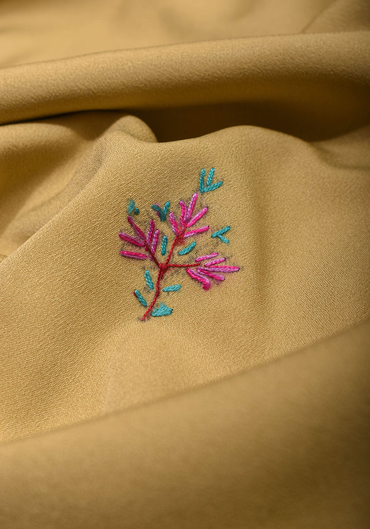 Camel Brown Authentic Kashmiri Sozni Hand Embroidered Saree on Moss Crepe