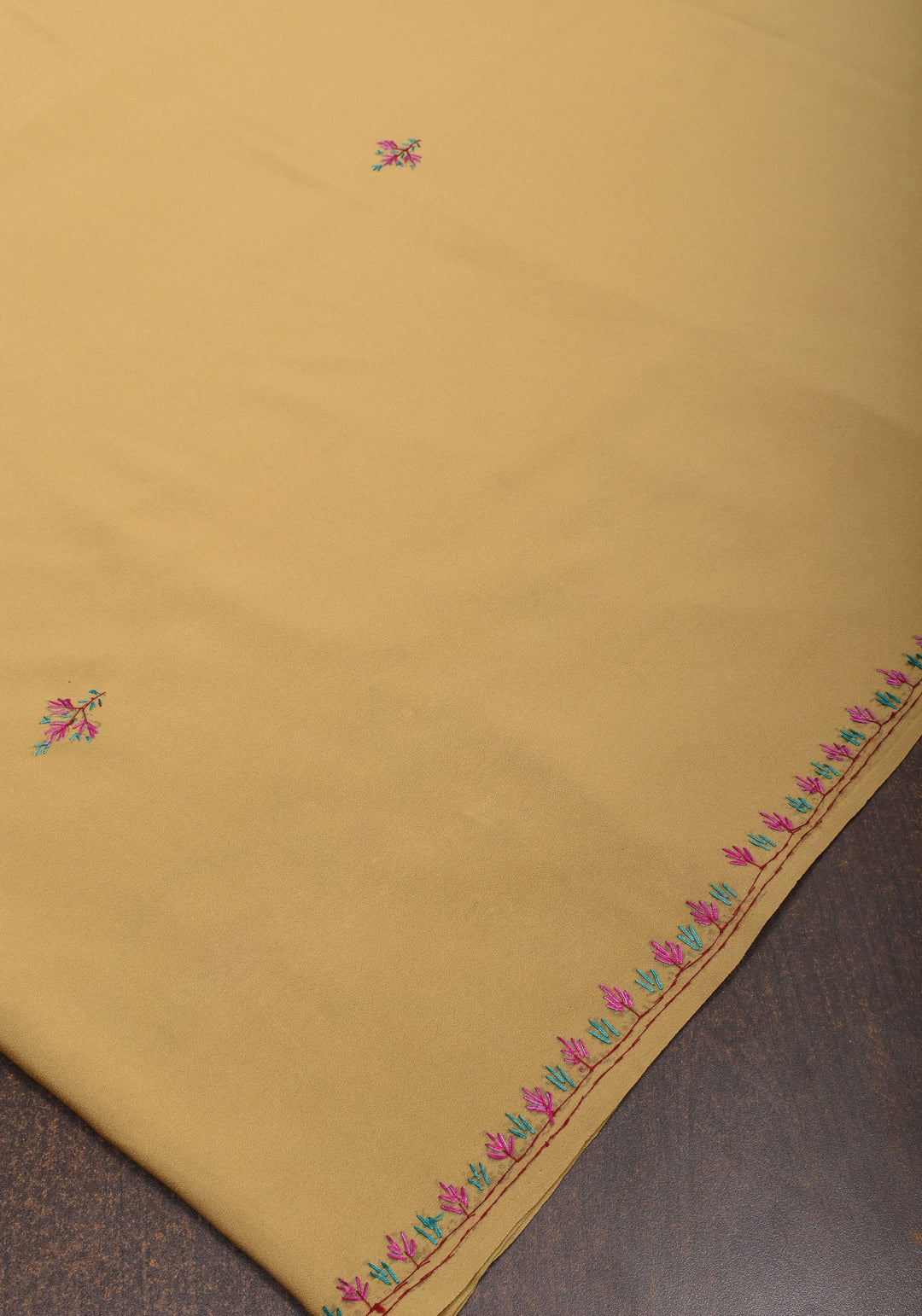 Camel Brown Authentic Kashmiri Sozni Hand Embroidered Saree on Moss Crepe