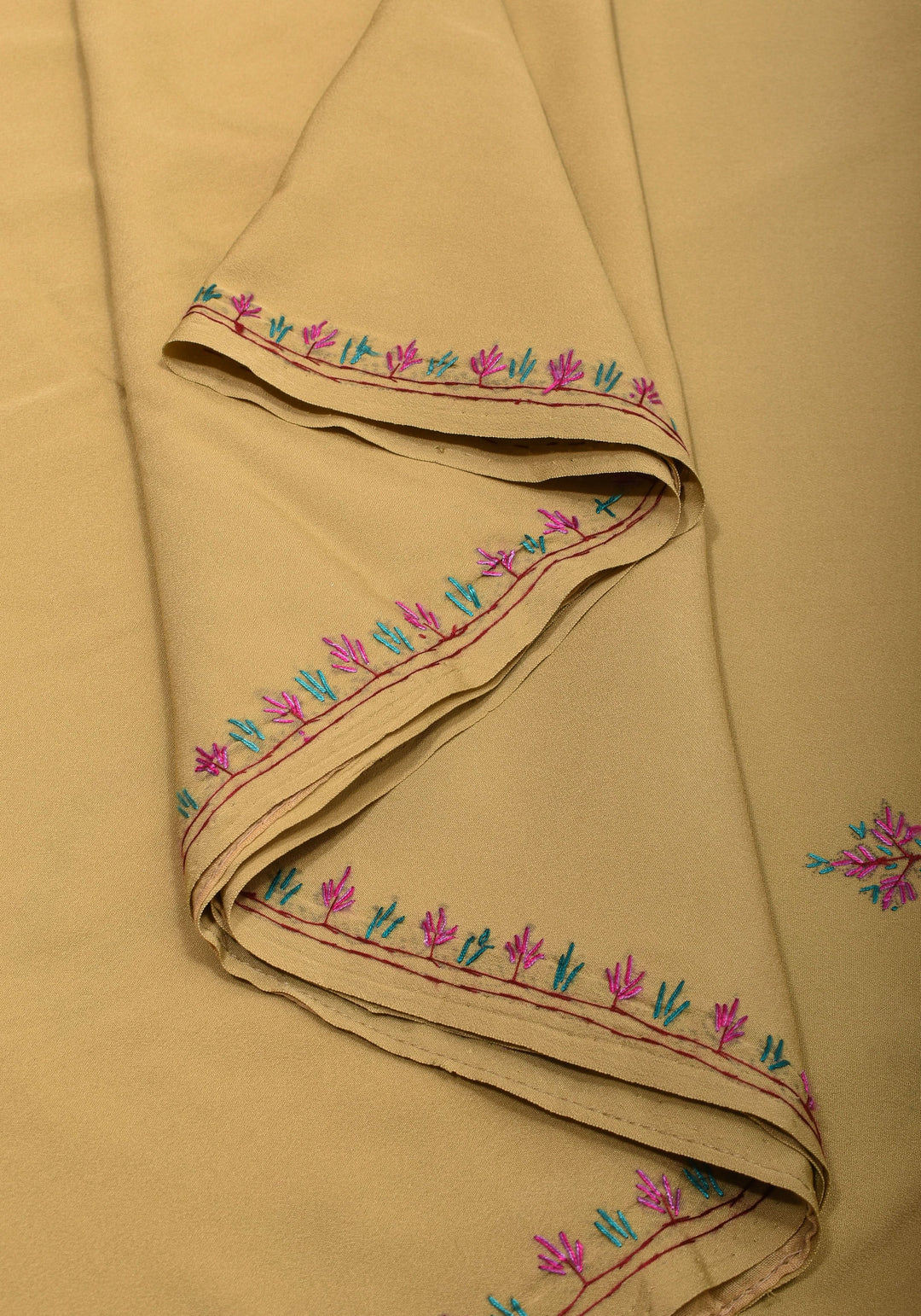 Camel Brown Authentic Kashmiri Sozni Hand Embroidered Saree on Moss Crepe