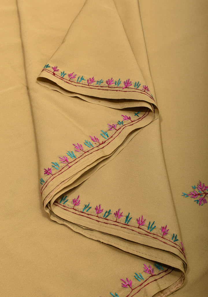 Camel Brown Authentic Kashmiri Sozni Hand Embroidered Saree on Moss Crepe