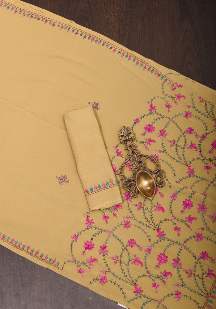 Camel Brown Authentic Kashmiri Sozni Hand Embroidered Saree on Moss Crepe