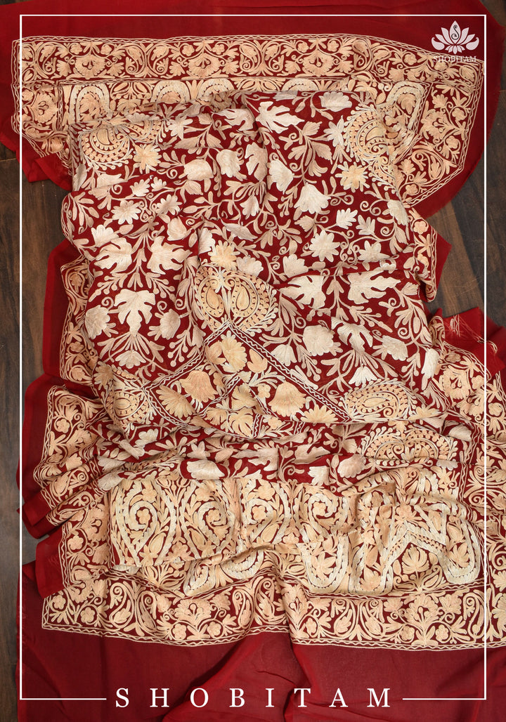 Custom Measure :Kashmiri Aari Work in Red Salwar Kameez | Readymades by Shobitam