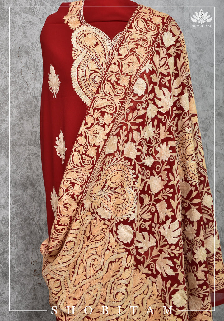 Custom Measure :Kashmiri Aari Work in Red Salwar Kameez | Readymades by Shobitam