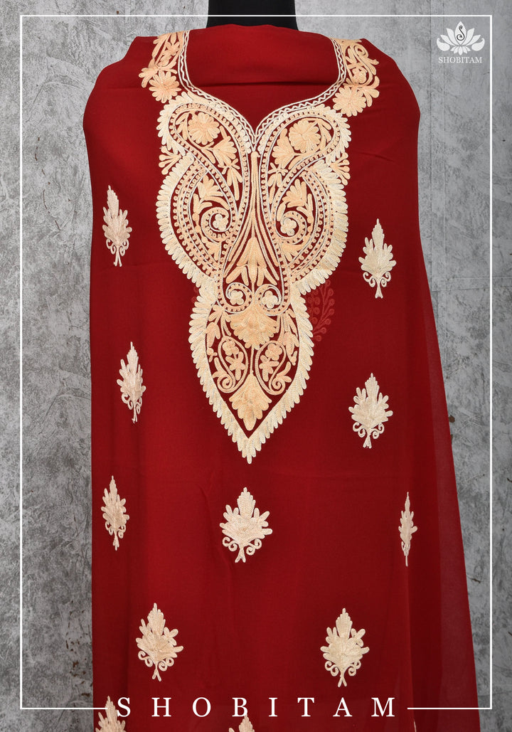 Custom Measure :Kashmiri Aari Work in Red Salwar Kameez | Readymades by Shobitam