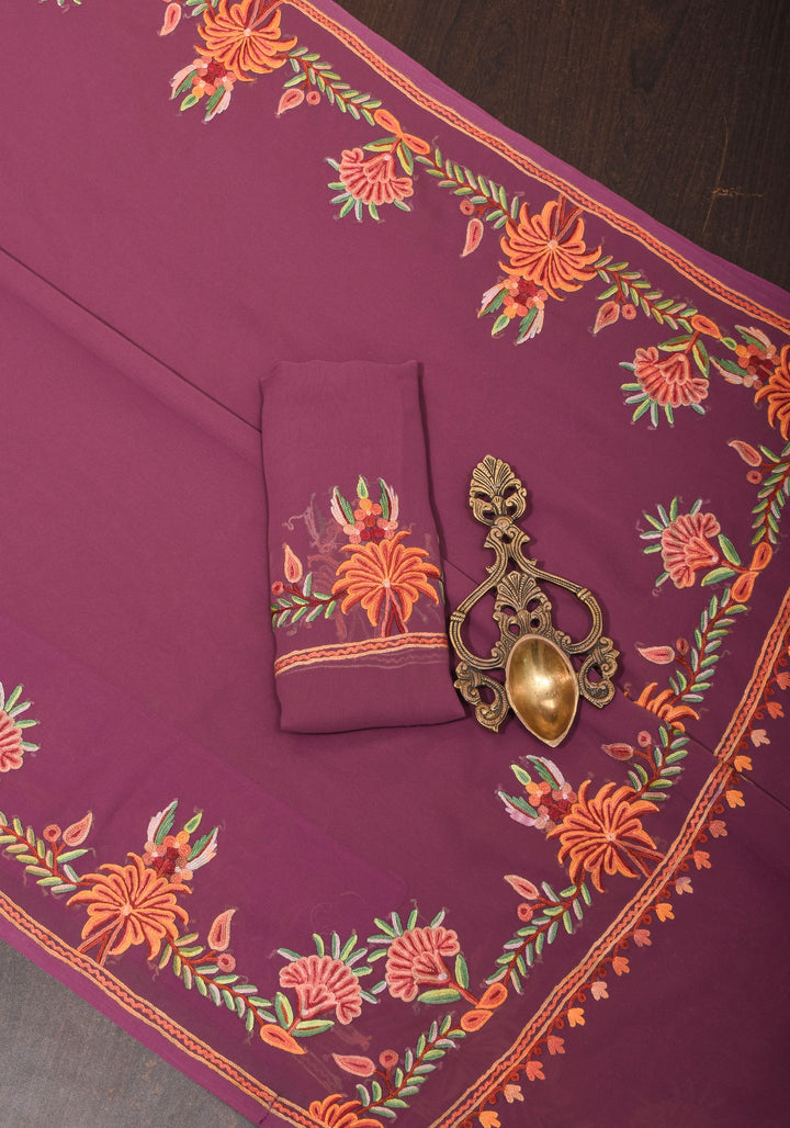 Plum Kashmiri Aari Style Embroidery Georgette Saree with floral design border