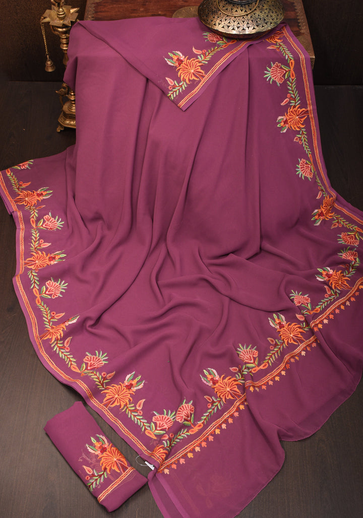 Plum Kashmiri Aari Style Embroidery Georgette Saree with floral design border