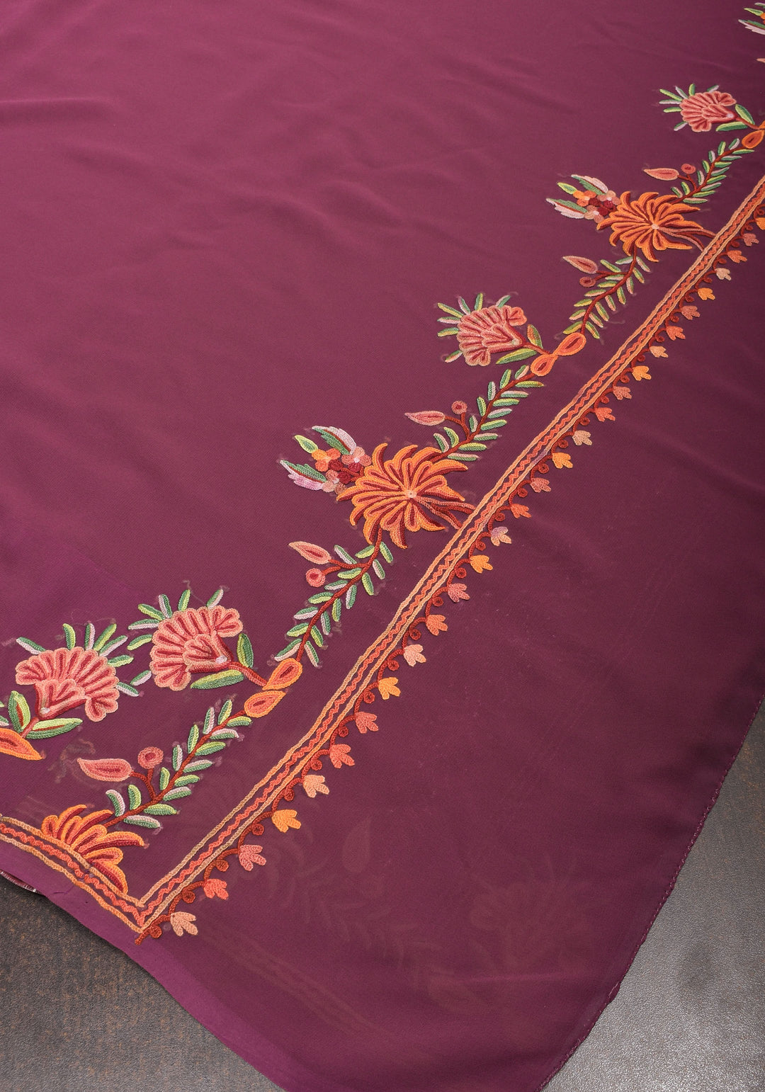 Plum Kashmiri Aari Style Embroidery Georgette Saree with floral design border