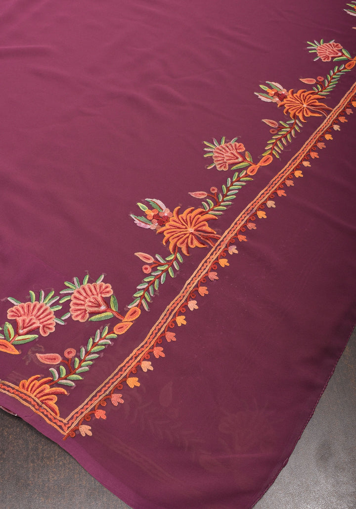 Plum Kashmiri Aari Style Embroidery Georgette Saree with floral design border