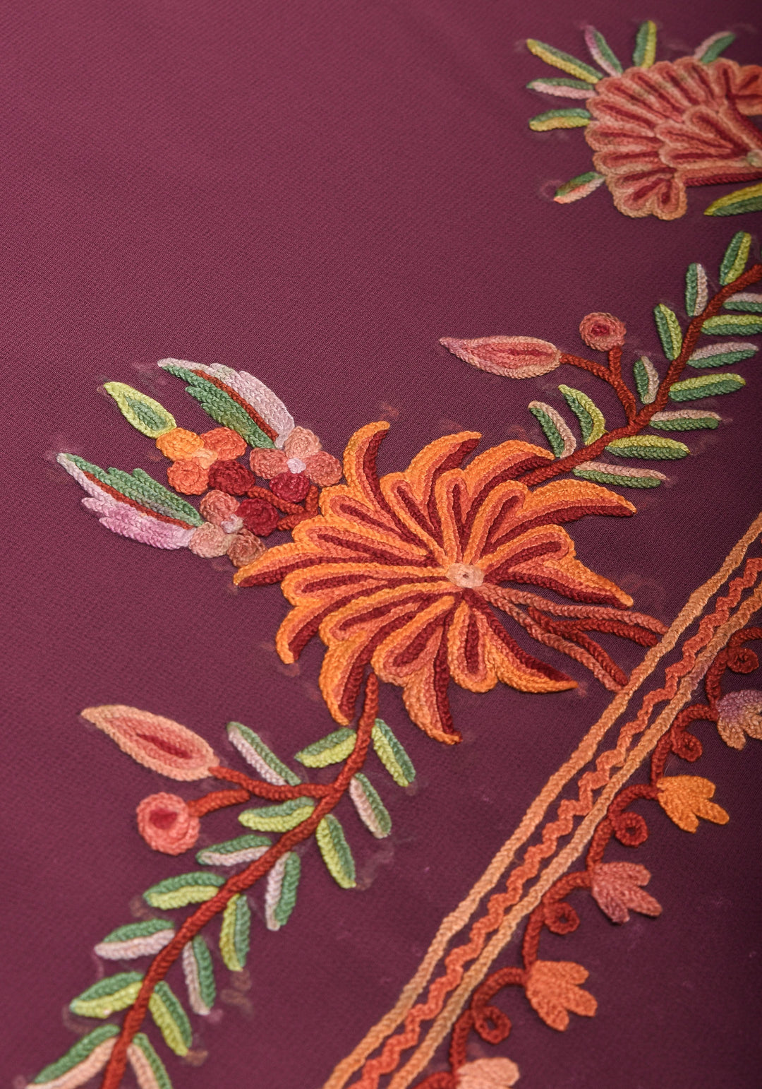 Plum Kashmiri Aari Style Embroidery Georgette Saree with floral design border