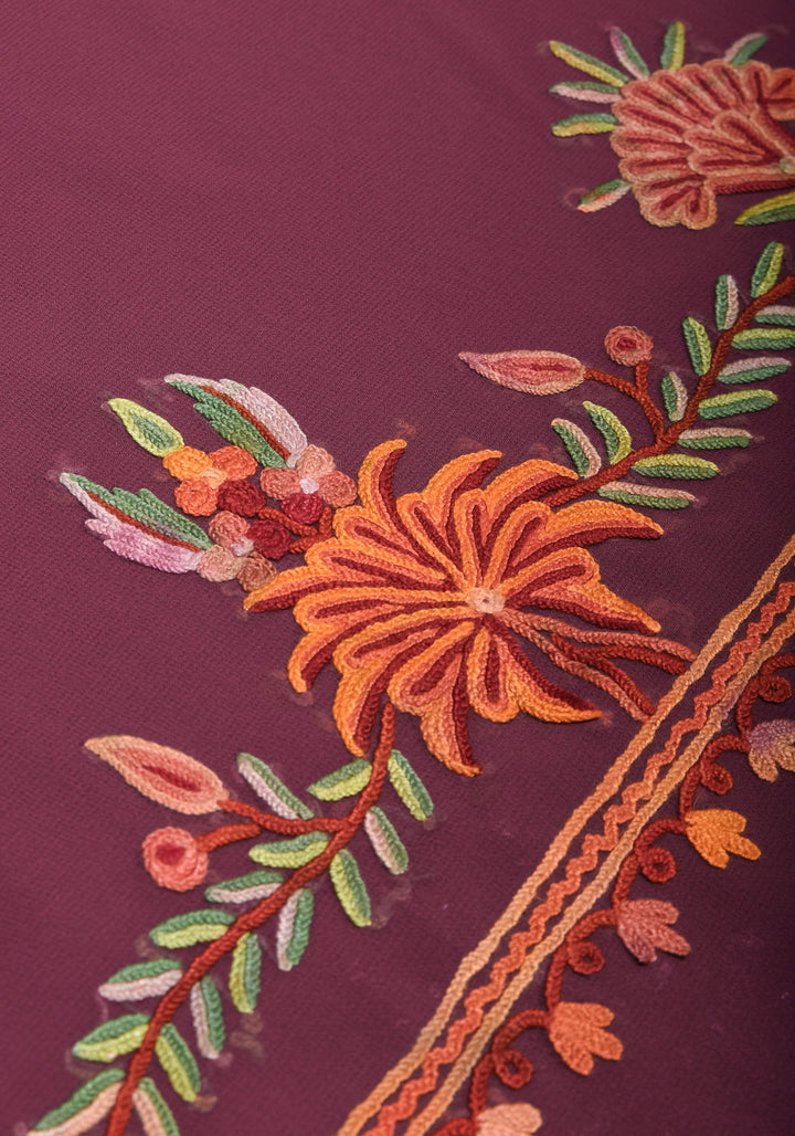 Plum Kashmiri Aari Style Embroidery Georgette Saree with floral design border