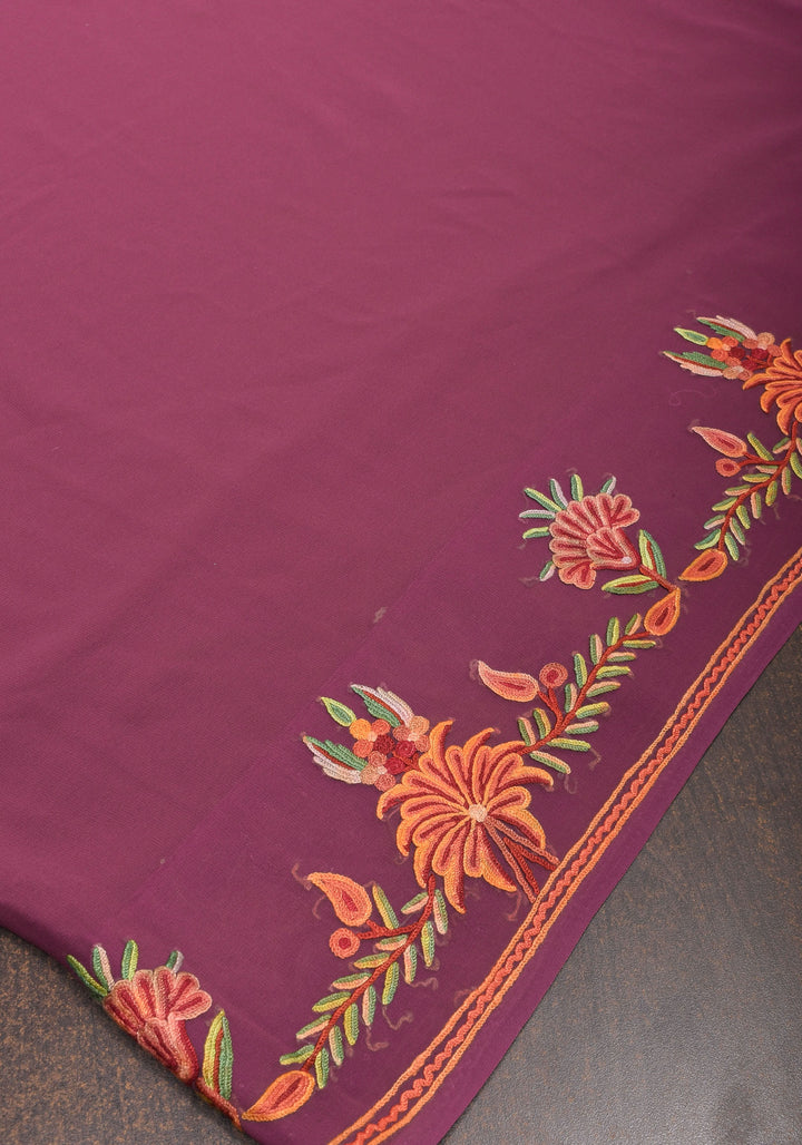 Plum Kashmiri Aari Style Embroidery Georgette Saree with floral design border