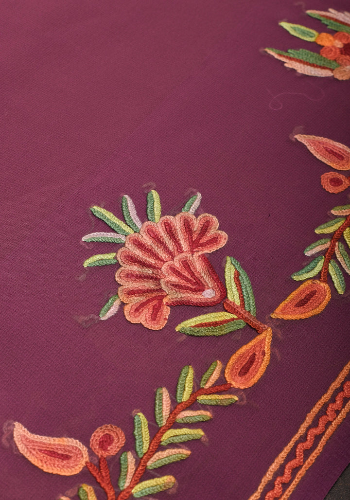 Plum Kashmiri Aari Style Embroidery Georgette Saree with floral design border