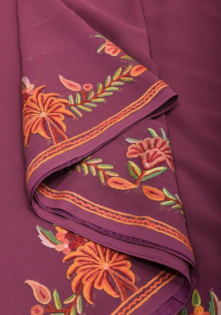 Plum Kashmiri Aari Style Embroidery Georgette Saree with floral design border