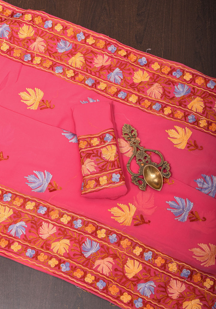 Strawberry Pink Georgette Saree with Kashmiri Aari Work