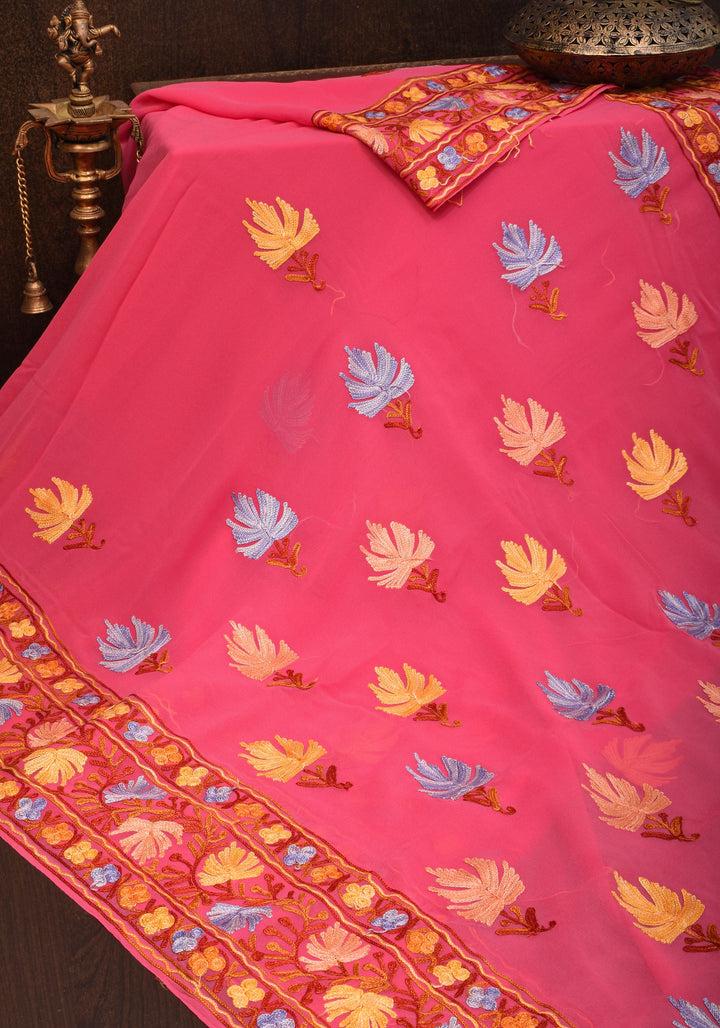 Strawberry Pink Georgette Saree with Kashmiri Aari Work