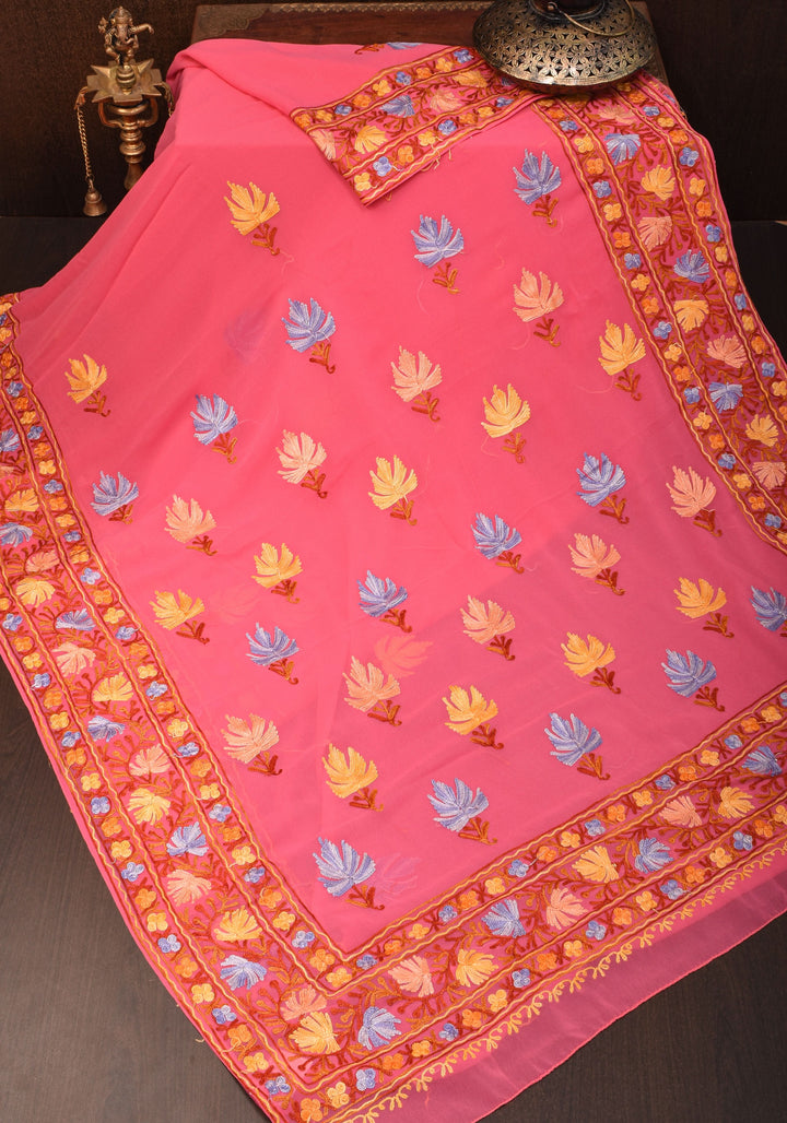 Strawberry Pink Georgette Saree with Kashmiri Aari Work