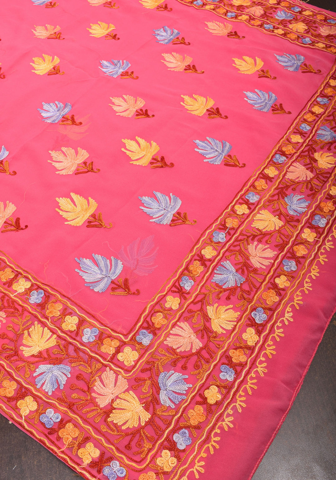 Strawberry Pink Georgette Saree with Kashmiri Aari Work