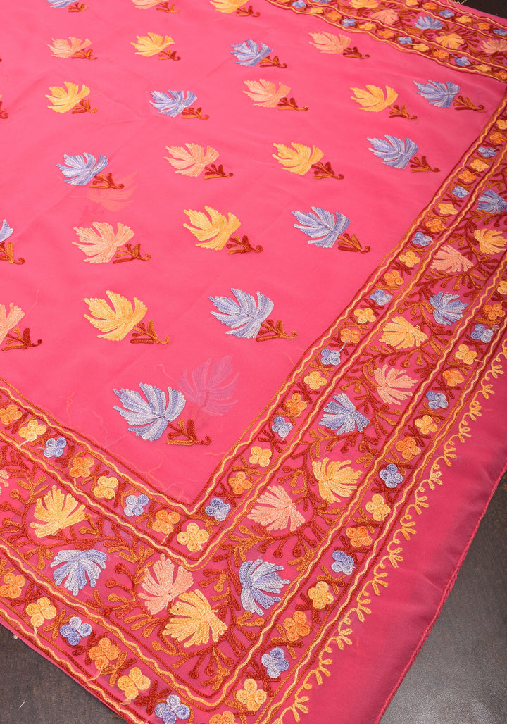 Strawberry Pink Georgette Saree with Kashmiri Aari Work