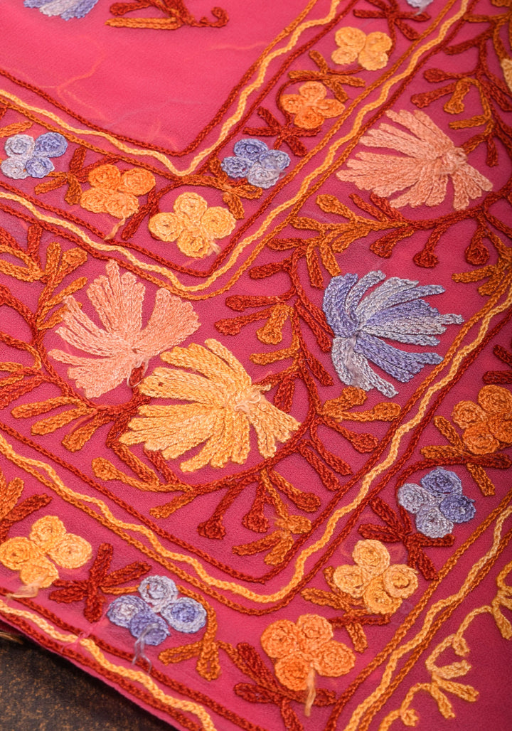 Strawberry Pink Georgette Saree with Kashmiri Aari Work