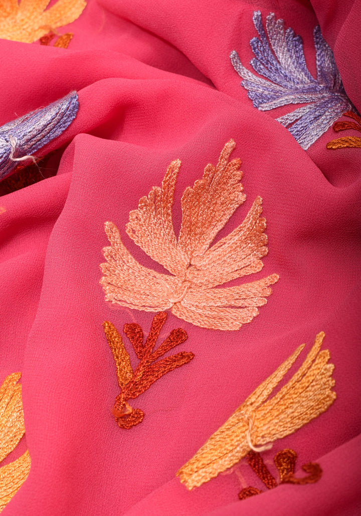 Strawberry Pink Georgette Saree with Kashmiri Aari Work
