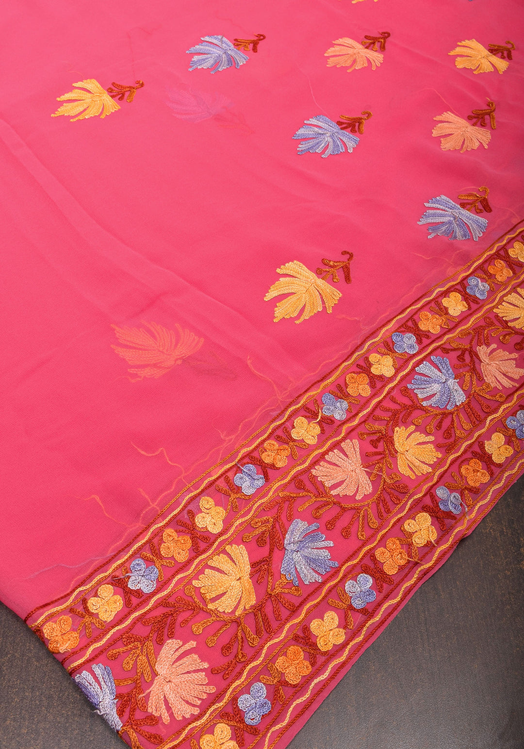Strawberry Pink Georgette Saree with Kashmiri Aari Work