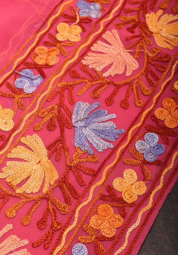 Strawberry Pink Georgette Saree with Kashmiri Aari Work