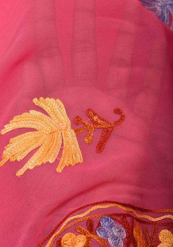 Strawberry Pink Georgette Saree with Kashmiri Aari Work