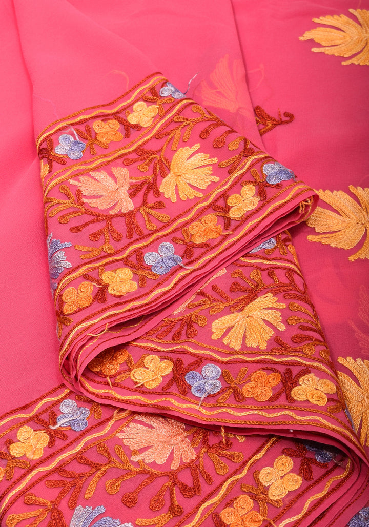Strawberry Pink Georgette Saree with Kashmiri Aari Work