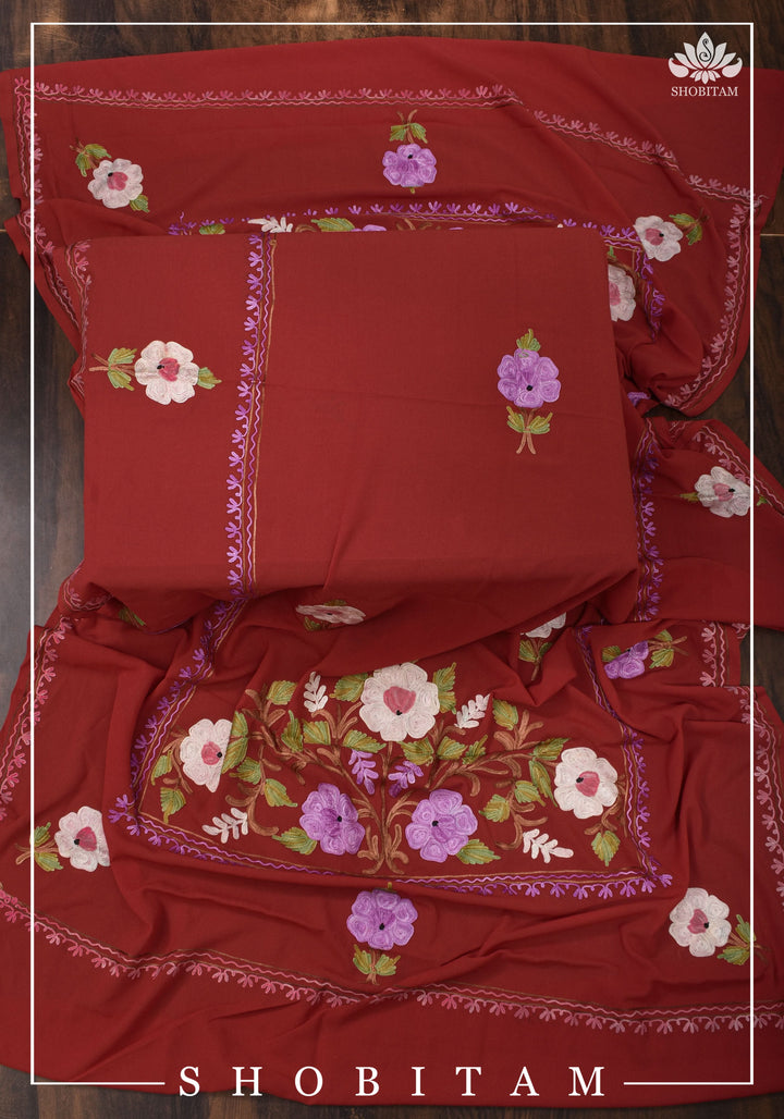 Made to measure: Exquisite Heavy Aari Embroidery Salwar-Kameez and Dupatta set in Red Georgette