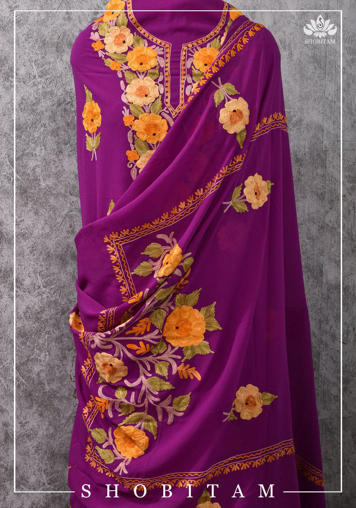 Custom made : Stitched Kashmiri Aari Embroidery Salwar Kameez 3 piece Suit in Purple Georgette