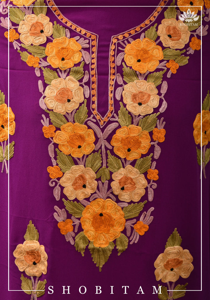 Custom made : Stitched Kashmiri Aari Embroidery Salwar Kameez 3 piece Suit in Purple Georgette