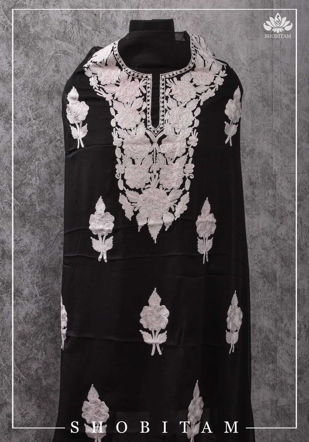 Made to measure: Exquisite Heavy Aari Embroidery Salwar-Kameez and Dupatta set in Black Georgette