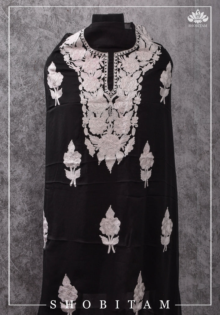 Made to measure: Exquisite Heavy Aari Embroidery Salwar-Kameez and Dupatta set in Black Georgette
