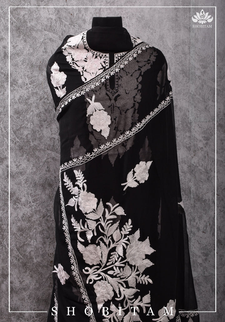Made to measure: Exquisite Heavy Aari Embroidery Salwar-Kameez and Dupatta set in Black Georgette