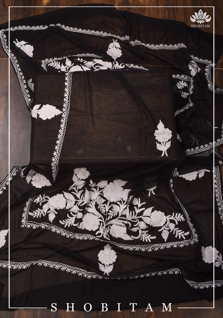 Made to measure: Exquisite Heavy Aari Embroidery Salwar-Kameez and Dupatta set in Black Georgette