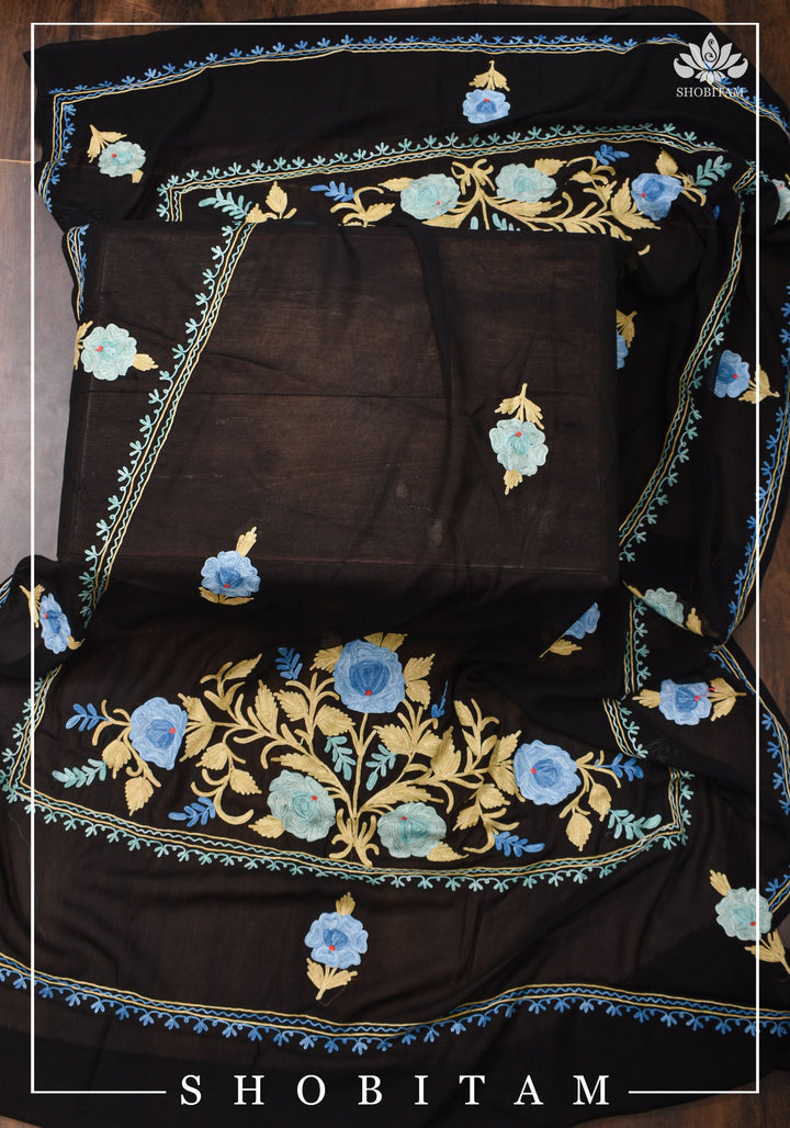 Made to measure: Exquisite Heavy Aari Embroidery Salwar-Kameez and Dupatta set in Black Georgette | Readymades by Shobitam