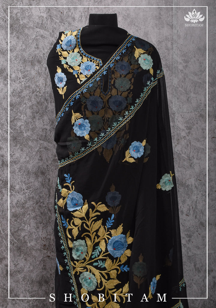 Made to measure: Exquisite Heavy Aari Embroidery Salwar-Kameez and Dupatta set in Black Georgette | Readymades by Shobitam