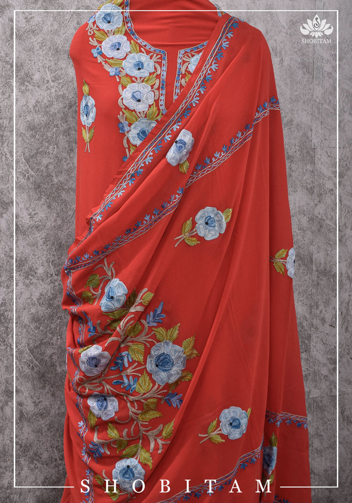 Custom made : Stitched Kashmiri Aari Embroidery Salwar Kameez 3 piece Suit in Red Georgette