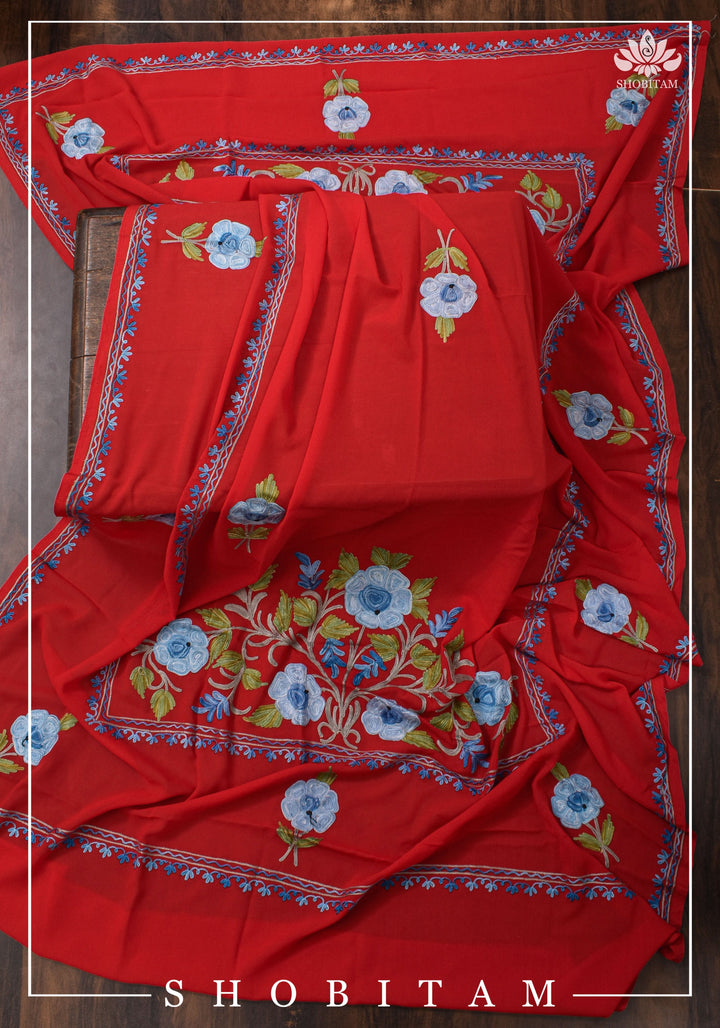 Custom made : Stitched Kashmiri Aari Embroidery Salwar Kameez 3 piece Suit in Red Georgette