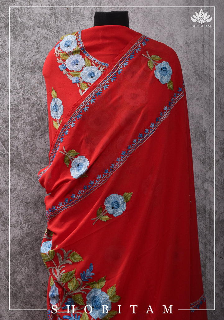 Custom made : Stitched Kashmiri Aari Embroidery Salwar Kameez 3 piece Suit in Red Georgette