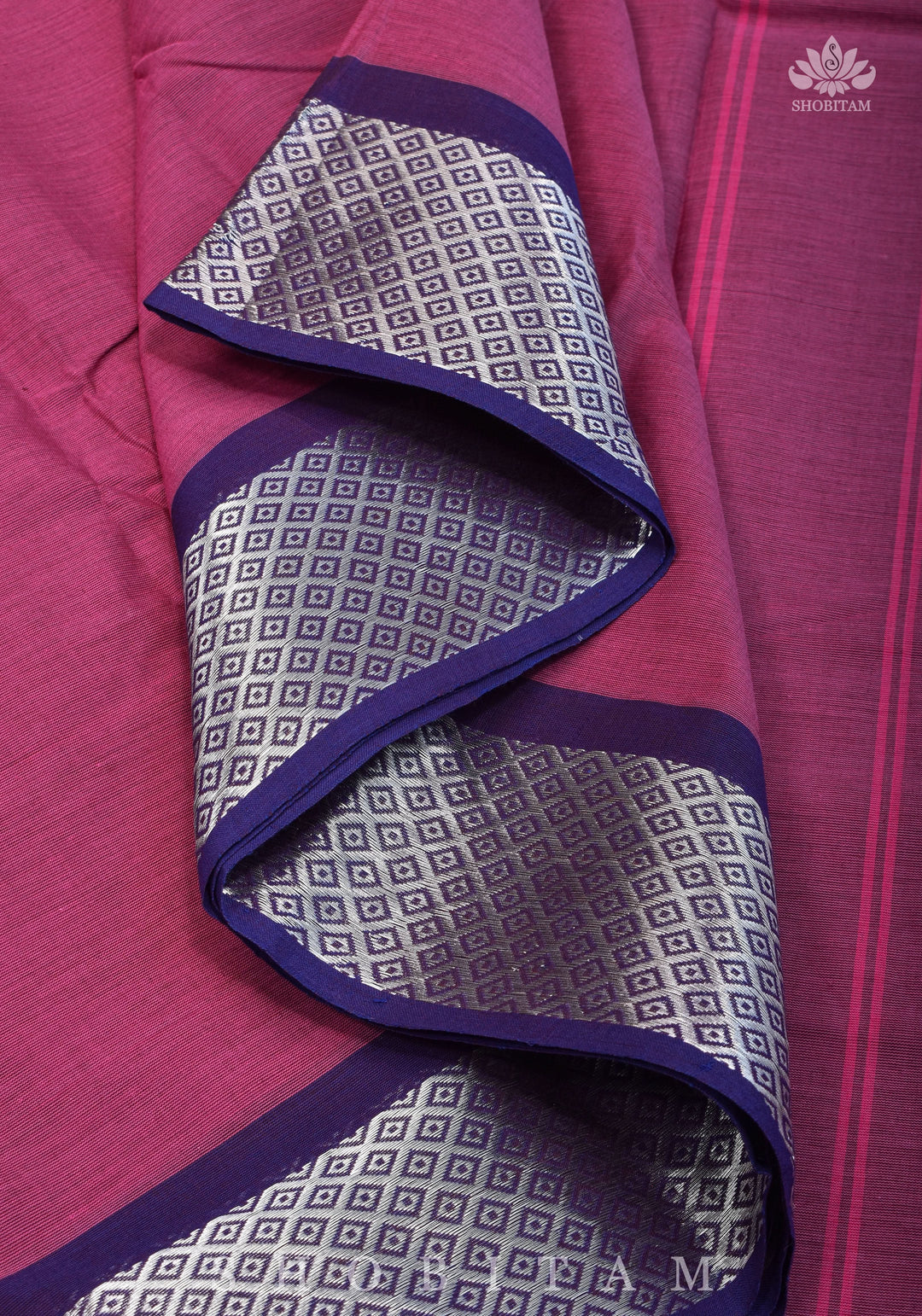 Chettinadu Cotton Saree in Purple with blue borders.no blouse piece