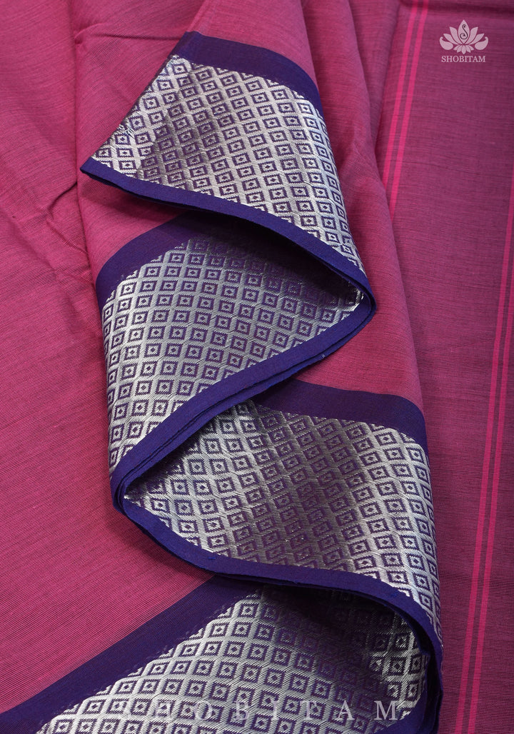 Chettinadu Cotton Saree in Purple with blue borders.no blouse piece