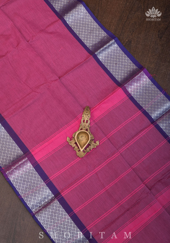 Chettinadu Cotton Saree in Purple with blue borders.no blouse piece