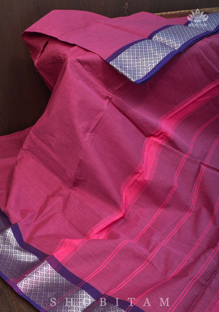 Chettinadu Cotton Saree in Purple with blue borders.no blouse piece