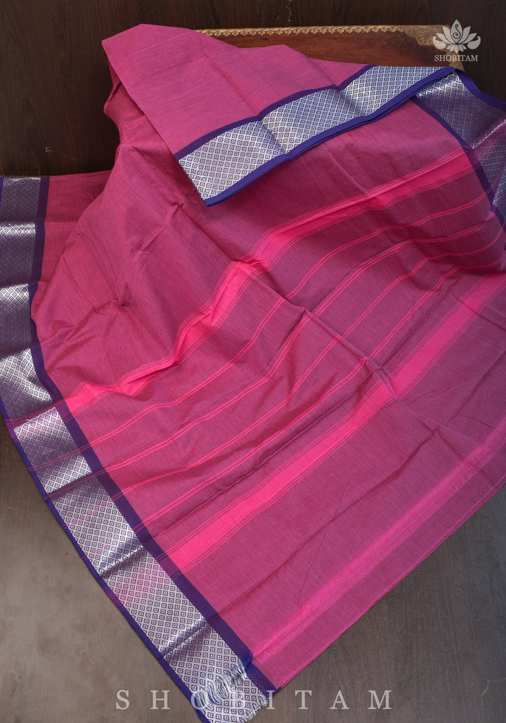 Chettinadu Cotton Saree in Purple with blue borders.no blouse piece