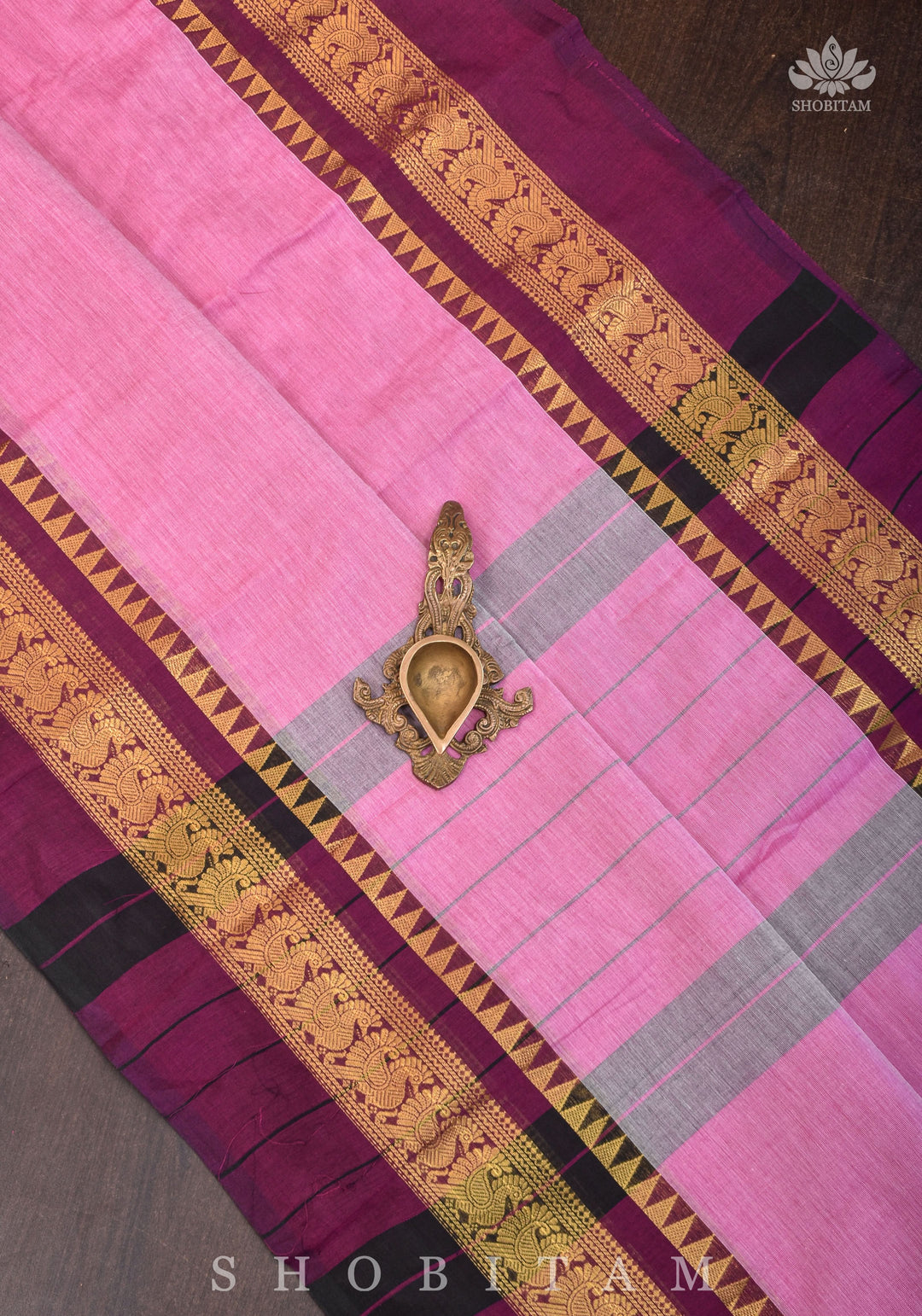 Kanchi Cotton Saree in Pink with Zari Borders, no Blouse piece
